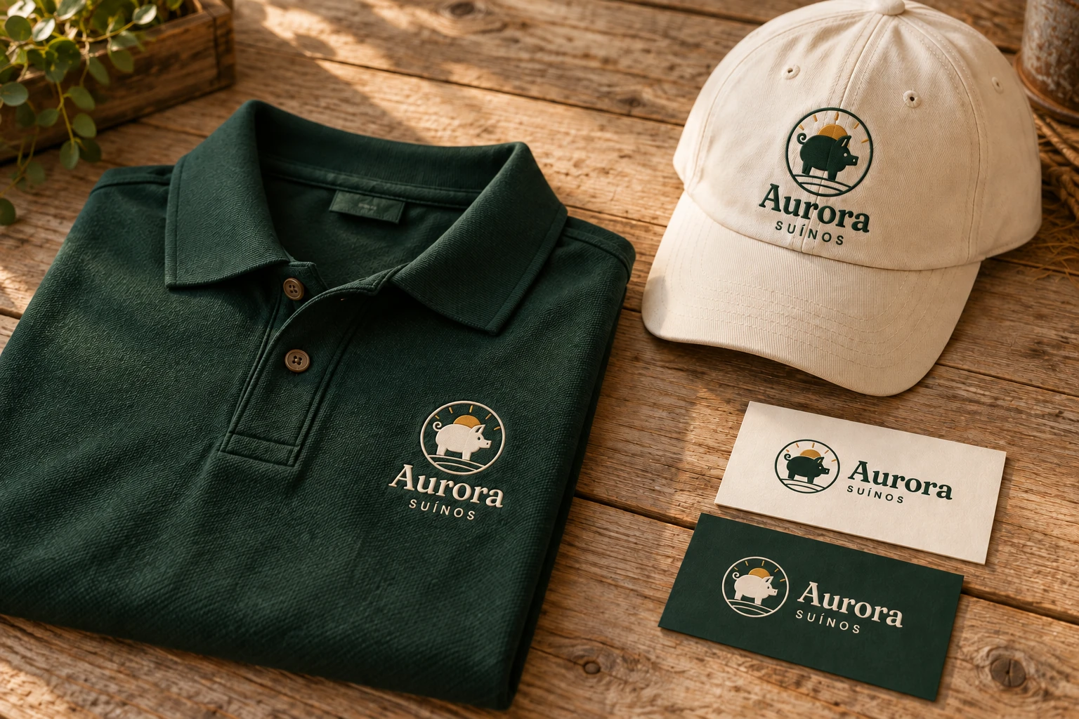 Proposta ilustrativa de aplicação: polo verde, boné creme e cartões da Aurora Suínos sobre madeira